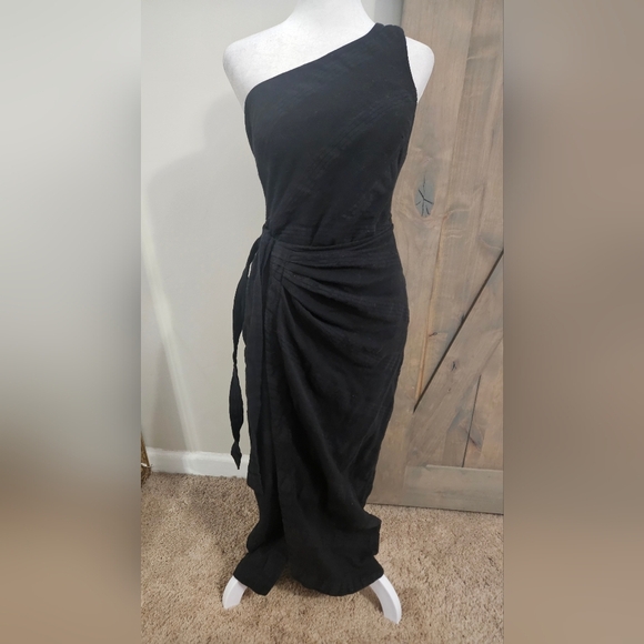 FREE PEOPLE At Leisure Midi One Shoulder Cotton/linen Dress In Black. XS - Picture 11 of 16